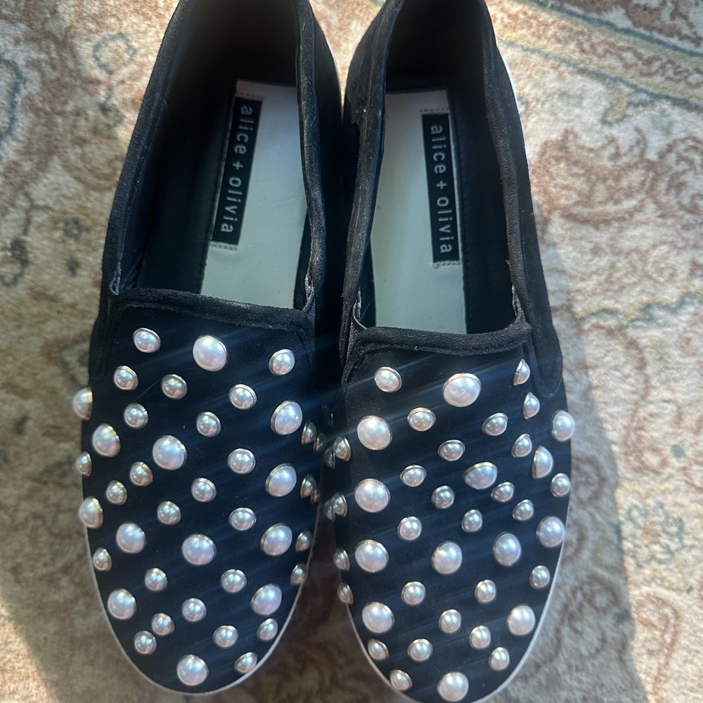 Alice + Olivia Black Slip-Ons with Pearl Embellishments